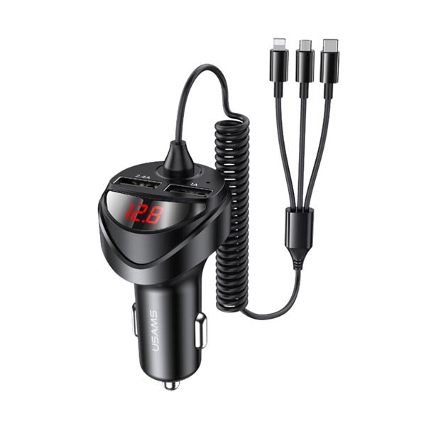 USAMS US-CC119 C22 3.4A Dual USB Car Charger With 3IN1 Spring Cable